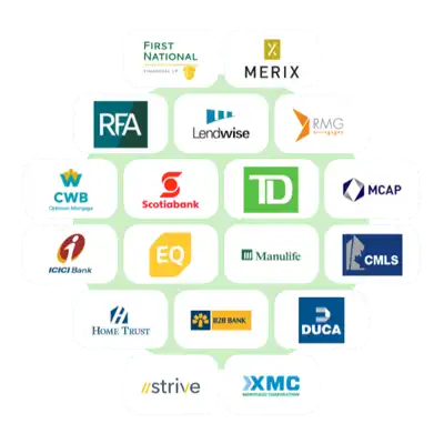 30+ Canadian banks and lenders including First National, Merix, RFA, TD, Scotiabank, MCAP, Manulife, and more